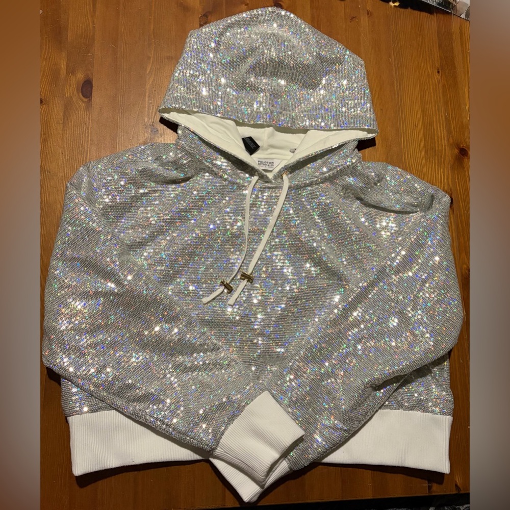 NWOT Peloton x Brittany Allen Silver Sequin Cropped Hoodie - Picture 2 of 5